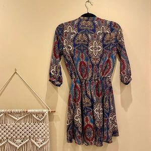 LUSH -WOMENS PAISLY V NECK MINI CIRCLE DRESS | BLUE/BURGUNDY/GOLD| XSMALL